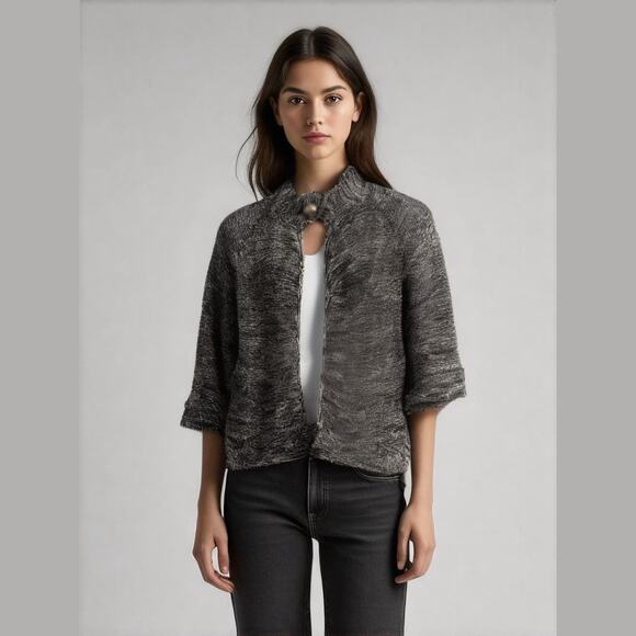 BCBGMAXAZRIA Black White Heather Single Button Heavyweight Cardigan Sweater M - Picture 1 of 10